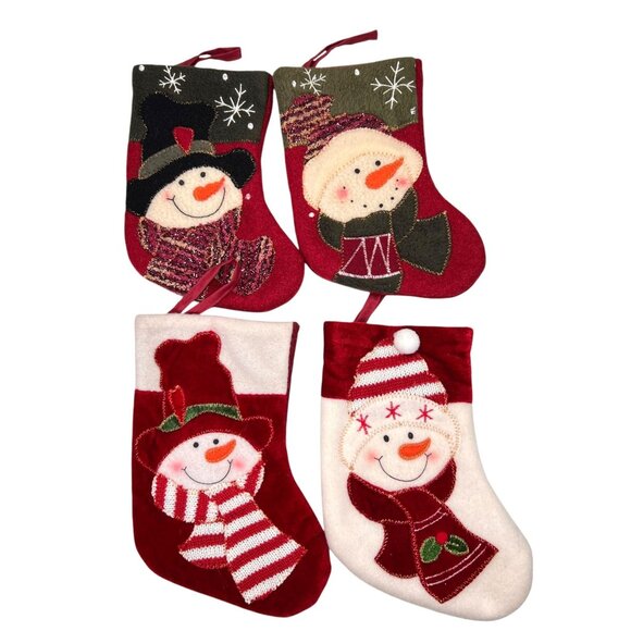 Snowman Christmas Mini Stockings Embroidered Fleece Set of 4 Scarf Hat Holiday - Picture 1 of 10